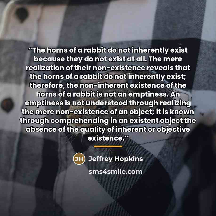 “The horns of a rabbit do not inherently exist because they do not exist at all. The mere realization of their non-existence reveals that the horns of a rabbit do not inherently exist; therefore, the non-inherent existence of the horns of a rabbit is not an emptiness. An emptiness is not understood…” quote by Jeffrey Hopkins