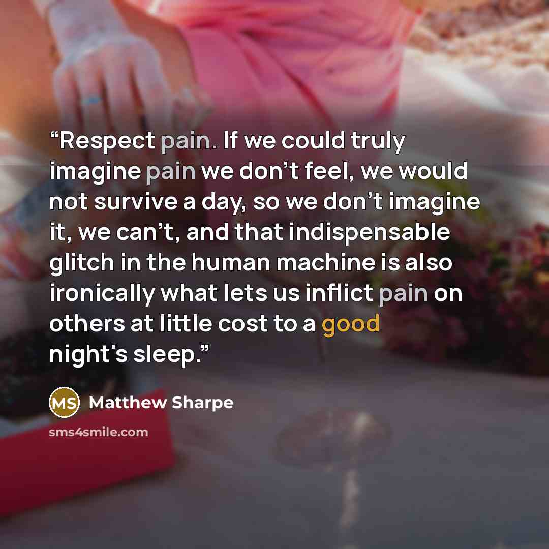 “Respect pain. If we could truly imagine pain we don't feel, we would not survive a day, so we don't imagine it, we can't, and that indispensable glitch in the human machine is also ironically what lets us inflict pain on others at little cost to a good night's sleep.” quote by Matthew Sharpe