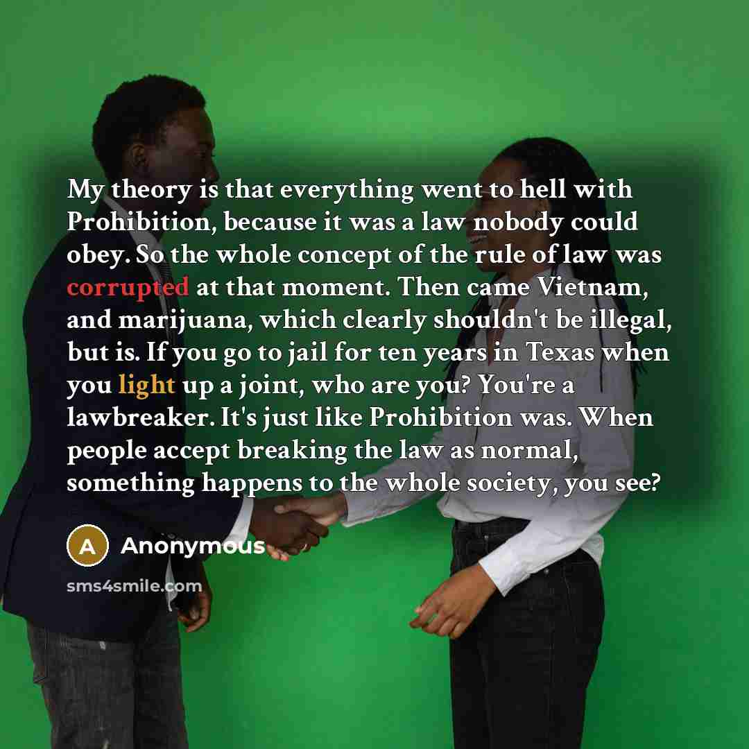 “My theory is that everything went to hell with Prohibition, because it was a law nobody could obey. So the whole concept of the rule of law was corrupted at that moment. Then came Vietnam, and marijuana, which clearly shouldn't be illegal, but is. If you go to jail for ten years in Texas when you…” quote by Anonymous