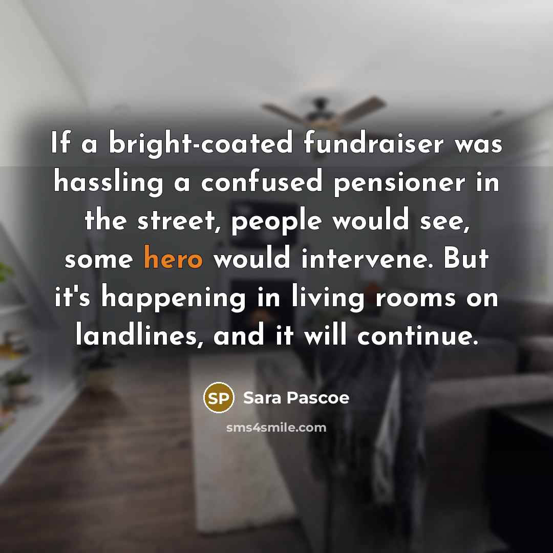 “If a bright-coated fundraiser was hassling a confused pensioner in the street, people would see, some hero would intervene. But it's happening in living rooms on landlines, and it will continue.” quote by Sara Pascoe