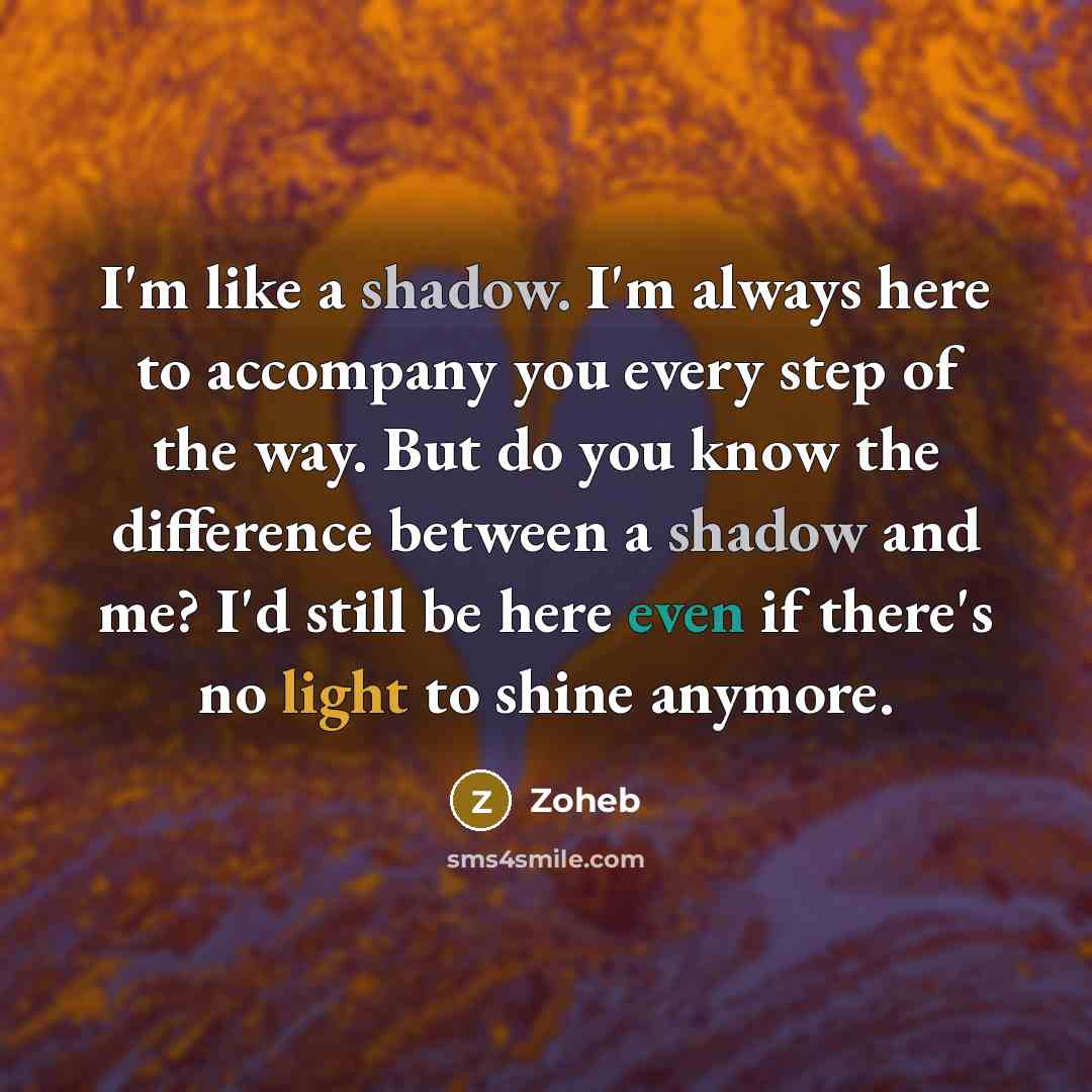 “I'm like a shadow. I'm always here to accompany you every step of the way. But do you know the difference between a shadow and me? I'd still be here even if there's no light to shine anymore.” quote by Zoheb