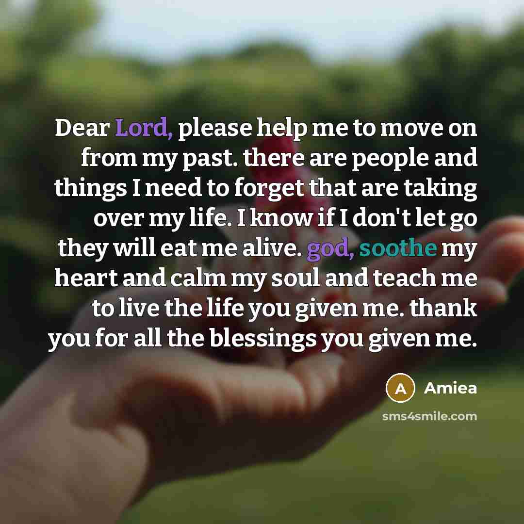 “Dear Lord, please help me to move on from my past. there are people and things I need to forget that are taking over my life. I know if I don't let go they will eat me alive. god, soothe my heart and calm my soul and teach me to live the life you given me. thank you for all the blessings you given…” quote by Amiea