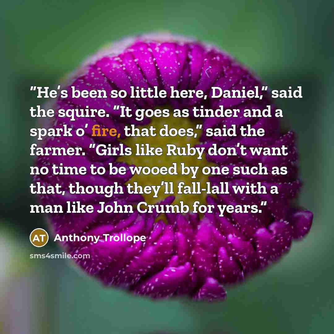 “He’s been so little here, Daniel,” said the squire. “It goes as tinder and a spark o’ fire, that does,” said the farmer. “Girls like Ruby don’t want no time to be wooed by one such as that, though they’ll fall-lall with a man like John Crumb for years.” quote by Anthony Trollope