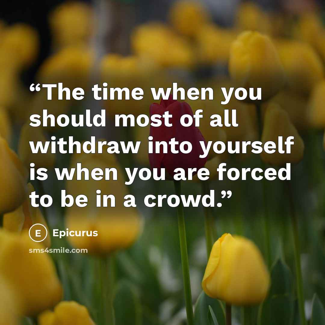 “The time when you should most of all withdraw into yourself is when you are forced to be in a crowd.” quote by Epicurus