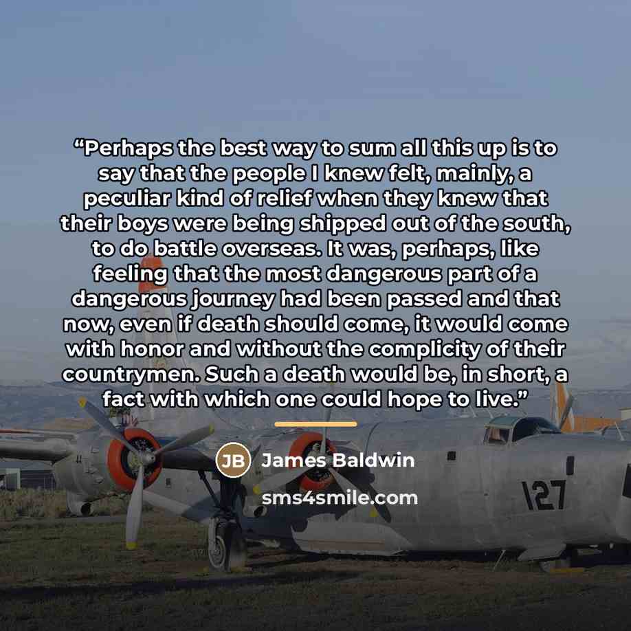 “Perhaps the best way to sum all this up is to say that the people I knew felt, mainly, a peculiar kind of relief when they knew that their boys were being shipped out of the south, to do battle overseas. It was, perhaps, like feeling that the most dangerous part of a dangerous journey had been…” quote by James Baldwin