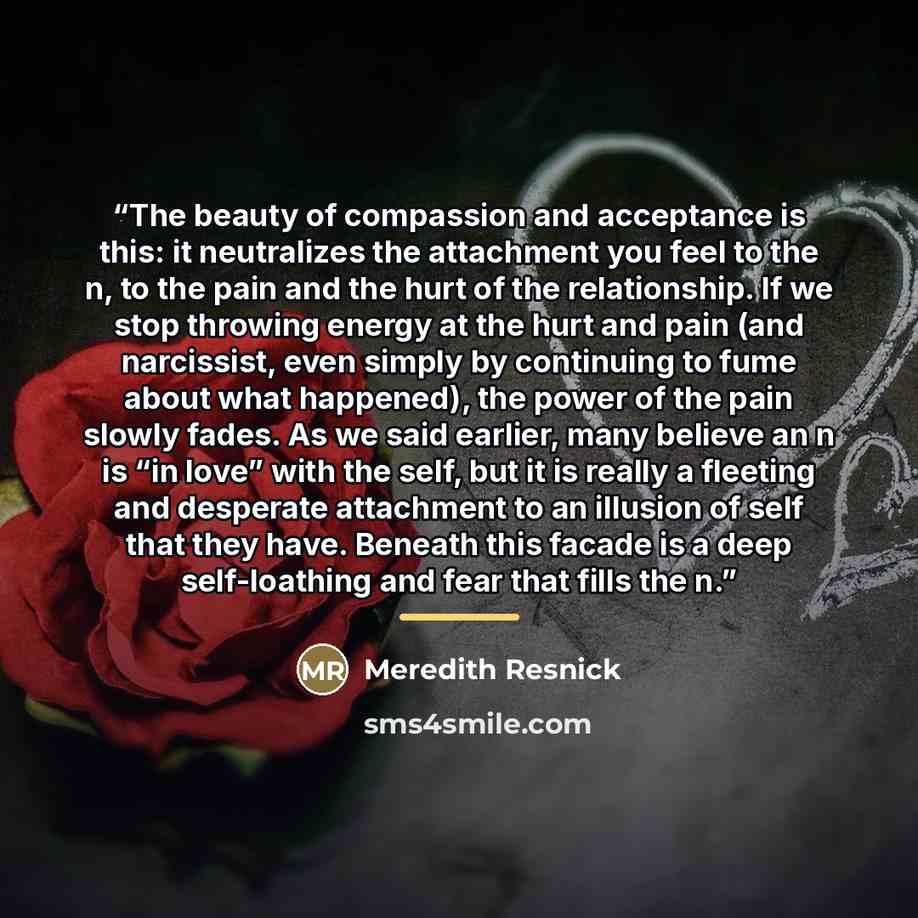 “The beauty of compassion and acceptance is this: it neutralizes the attachment you feel to the n, to the pain and the hurt of the relationship. If we stop throwing energy at the hurt and pain (and narcissist, even simply by continuing to fume about what happened), the power of the pain slowly…” quote by Meredith Resnick