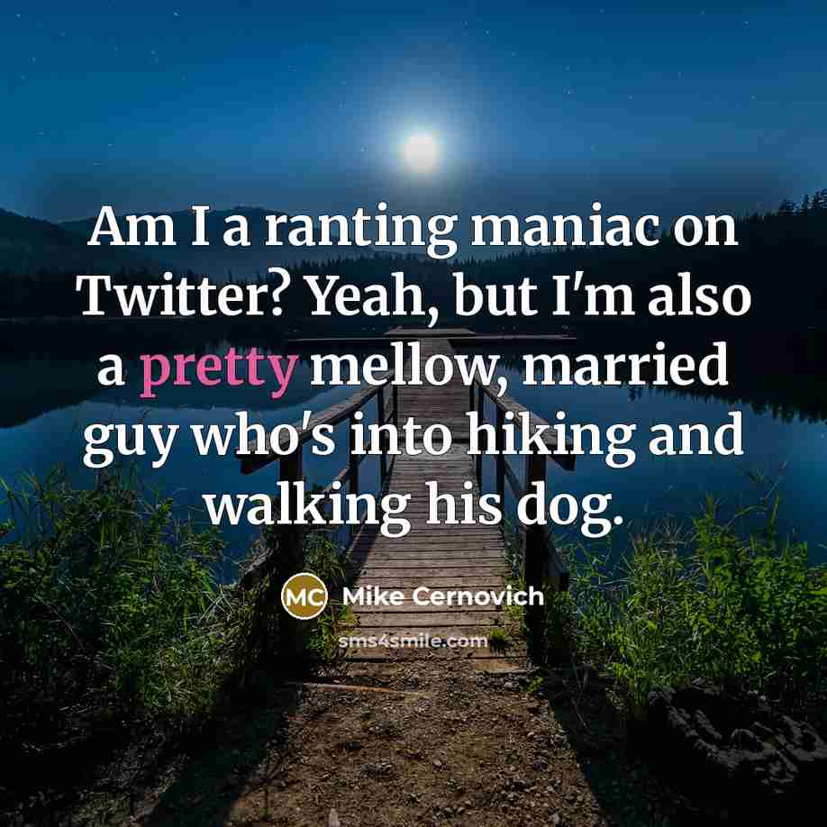 “Am I a ranting maniac on Twitter? Yeah, but I'm also a pretty mellow, married guy who's into hiking and walking his dog.” quote by Mike Cernovich