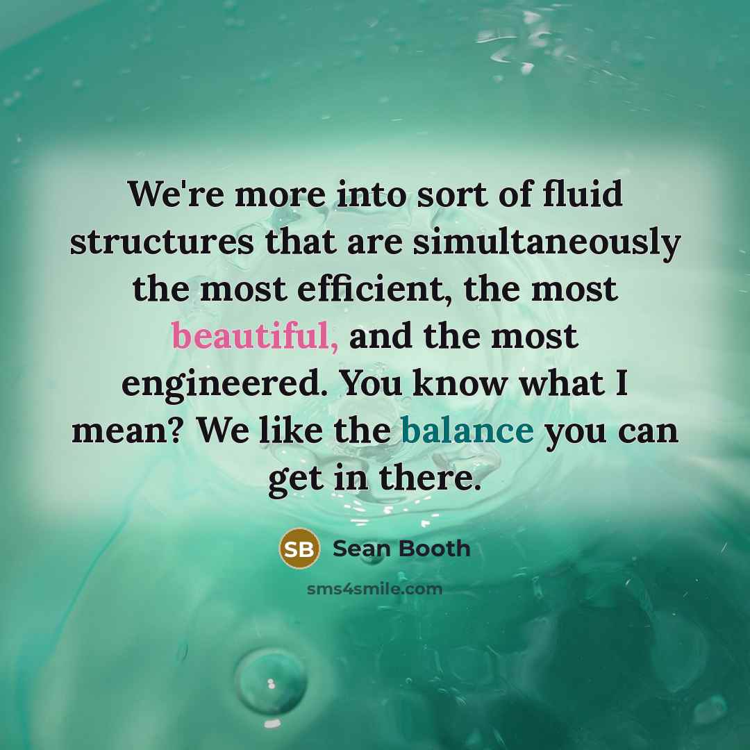 “We're more into sort of fluid structures that are simultaneously the most efficient, the most beautiful, and the most engineered. You know what I mean? We like the balance you can get in there.” quote by Sean Booth