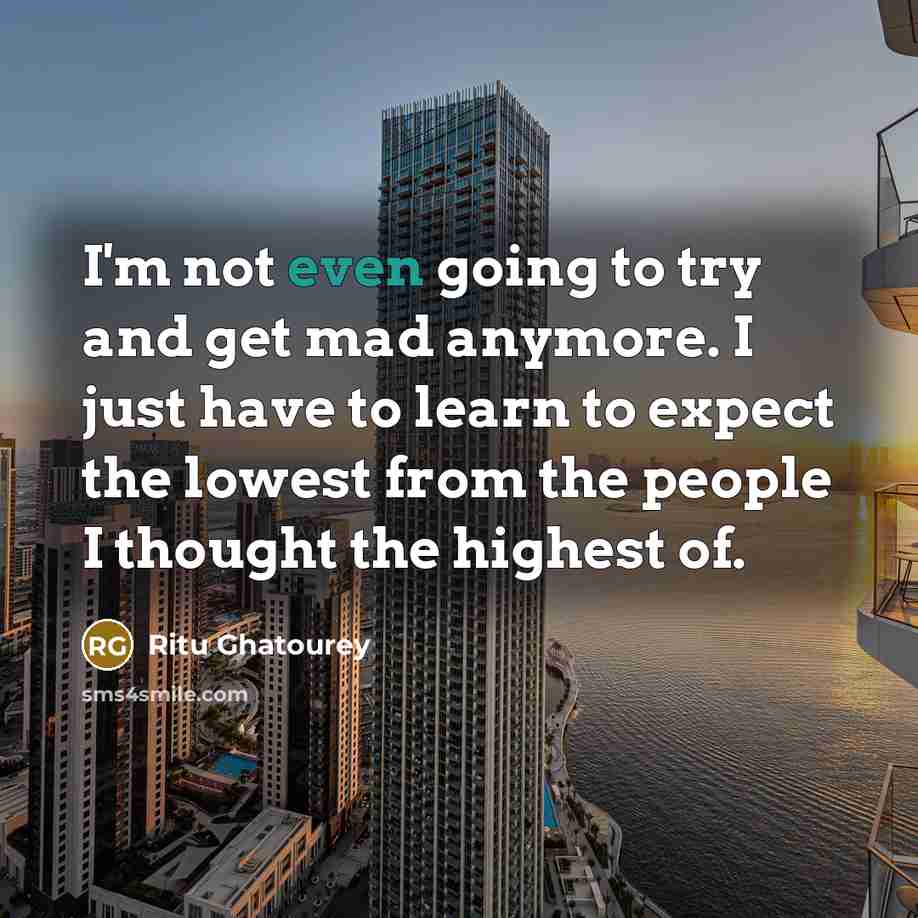 “I'm not even going to try and get mad anymore. I just have to learn to expect the lowest from the people I thought the highest of.” quote by Ritu Ghatourey