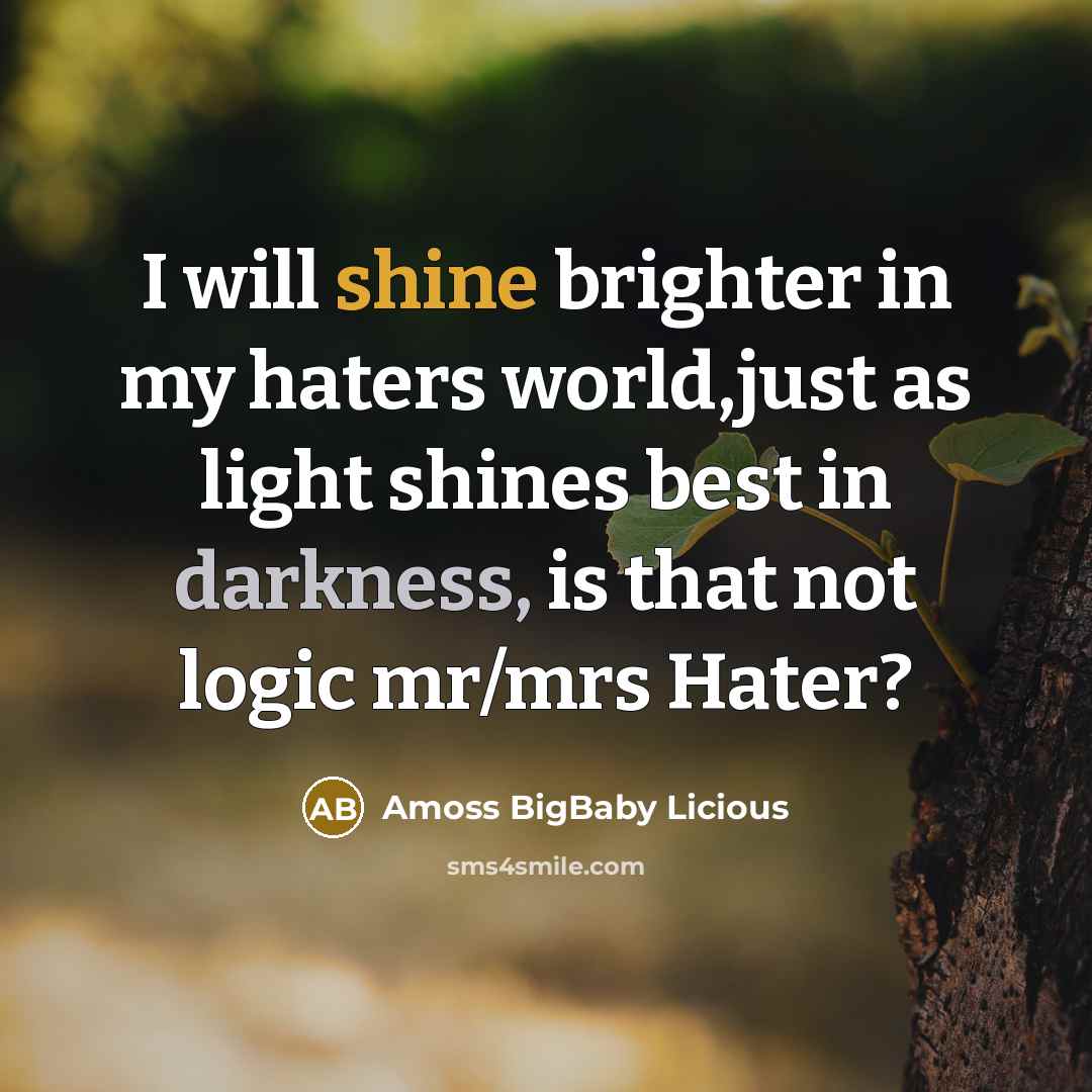 “I will shine brighter in my haters world,just as light shines best in darkness, is that not logic mr/mrs Hater?” quote by Amoss BigBaby Licious