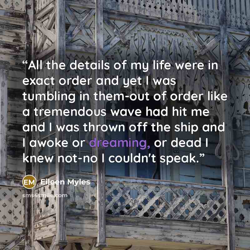“All the details of my life were in exact order and yet I was tumbling in them-out of order like a tremendous wave had hit me and I was thrown off the ship and I awoke or dreaming, or dead I knew not-no I couldn't speak.” quote by Eileen Myles