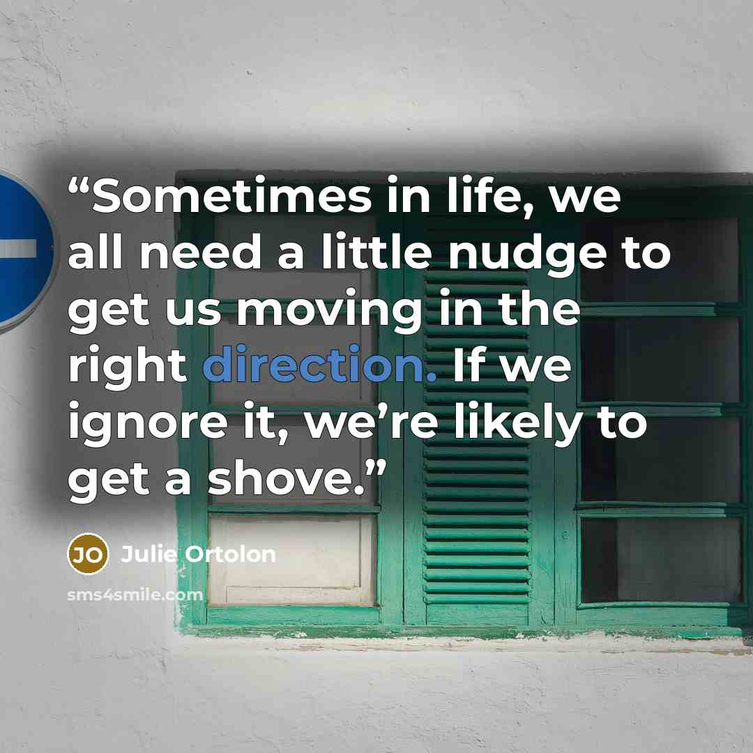 “Sometimes in life, we all need a little nudge to get us moving in the right direction. If we ignore it, we’re likely to get a shove.” quote by Julie Ortolon