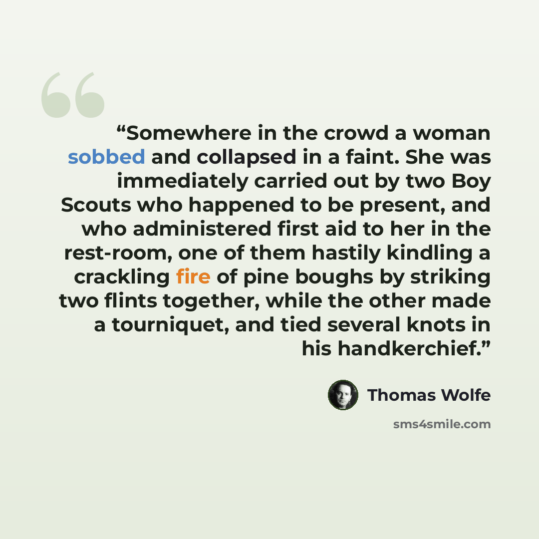 “Somewhere in the crowd a woman sobbed and collapsed in a faint. She was immediately carried out by two Boy Scouts who happened to be present, and who administered first aid to her in the rest-room, one of them hastily kindling a crackling fire of pine boughs by striking two flints together, while…” quote by Thomas Wolfe