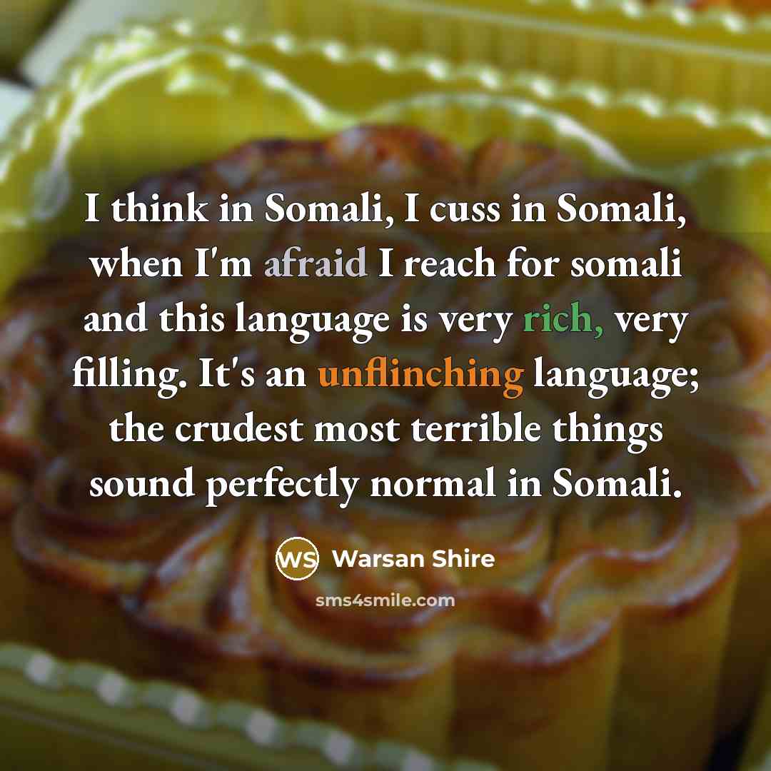 “I think in Somali, I cuss in Somali, when I'm afraid I reach for somali and this language is very rich, very filling. It's an unflinching language; the crudest most terrible things sound perfectly normal in Somali.” quote by Warsan Shire