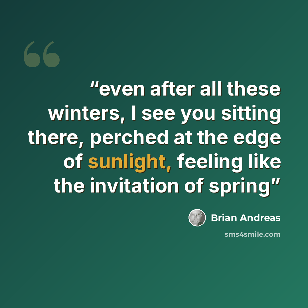 “even after all these winters, I see you sitting there, perched at the edge of sunlight, feeling like the invitation of spring” quote by Brian Andreas