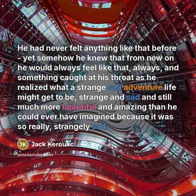 “He had never felt anything like that before - yet somehow he knew that from now on he would always feel like that, always, and something caught at his throat as he realized what a strange sad adventure life might get to be, strange and sad and still much more beautiful and amazing than he could…” quote by Jack Kerouac