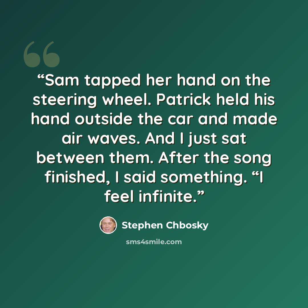 “Sam tapped her hand on the steering wheel. Patrick held his hand outside the car and made air waves. And I just sat between them. After the song finished, I said something. “I feel infinite.” quote by Stephen Chbosky