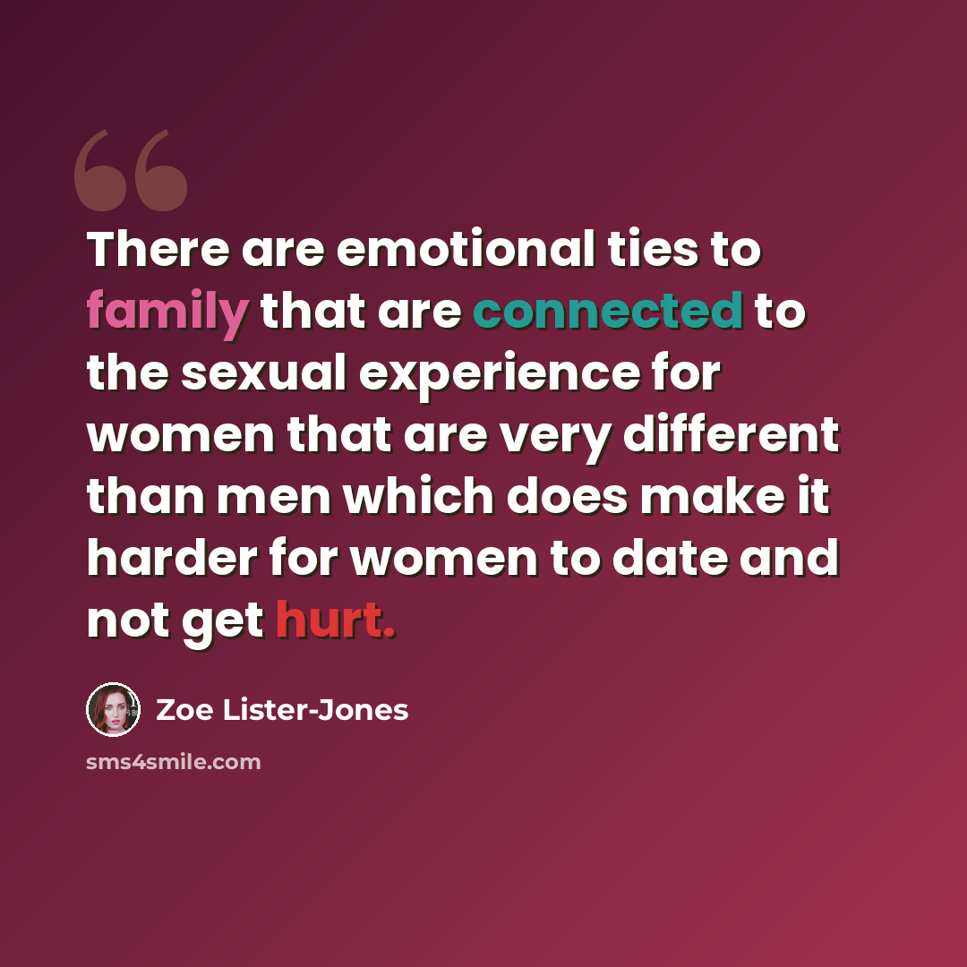 “There are emotional ties to family that are connected to the sexual experience for women that are very different than men which does make it harder for women to date and not get hurt.” quote by Zoe Lister-Jones