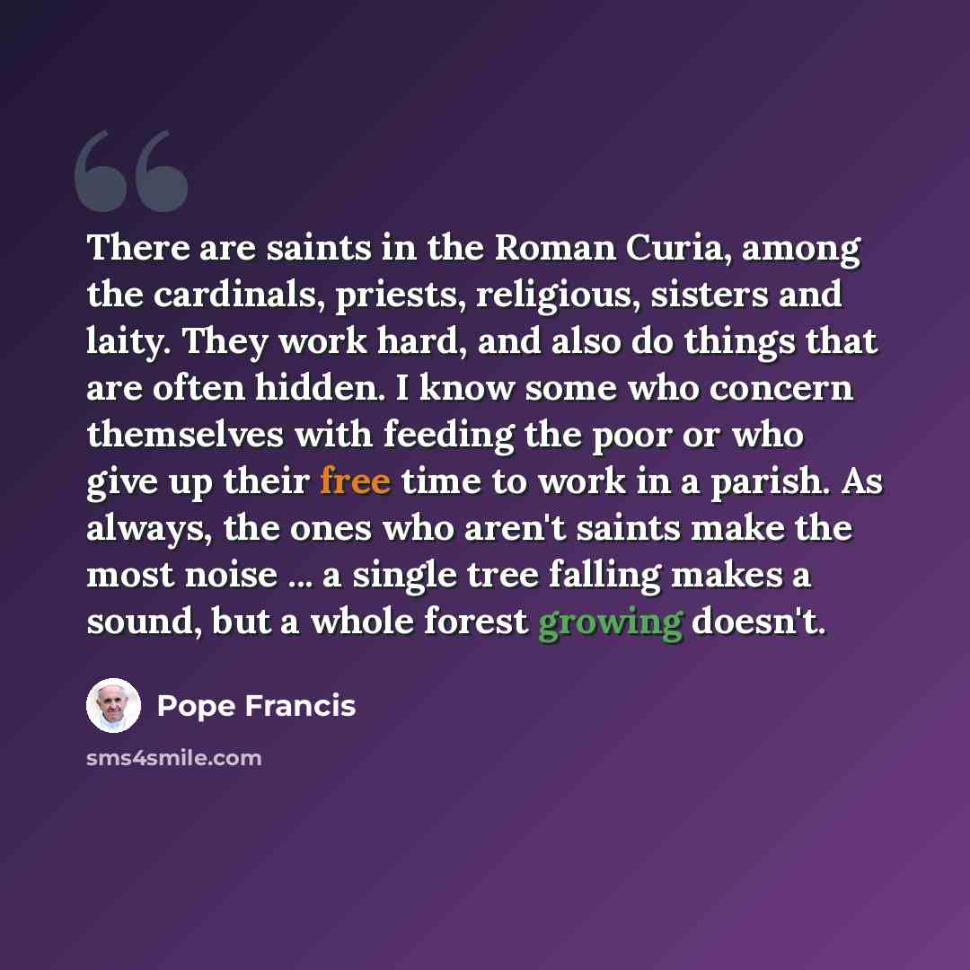 “There are saints in the Roman Curia, among the cardinals, priests, religious, sisters and laity. They work hard, and also do things that are often hidden. I know some who concern themselves with feeding the poor or who give up their free time to work in a parish. As always, the ones who aren't…” quote by Pope Francis