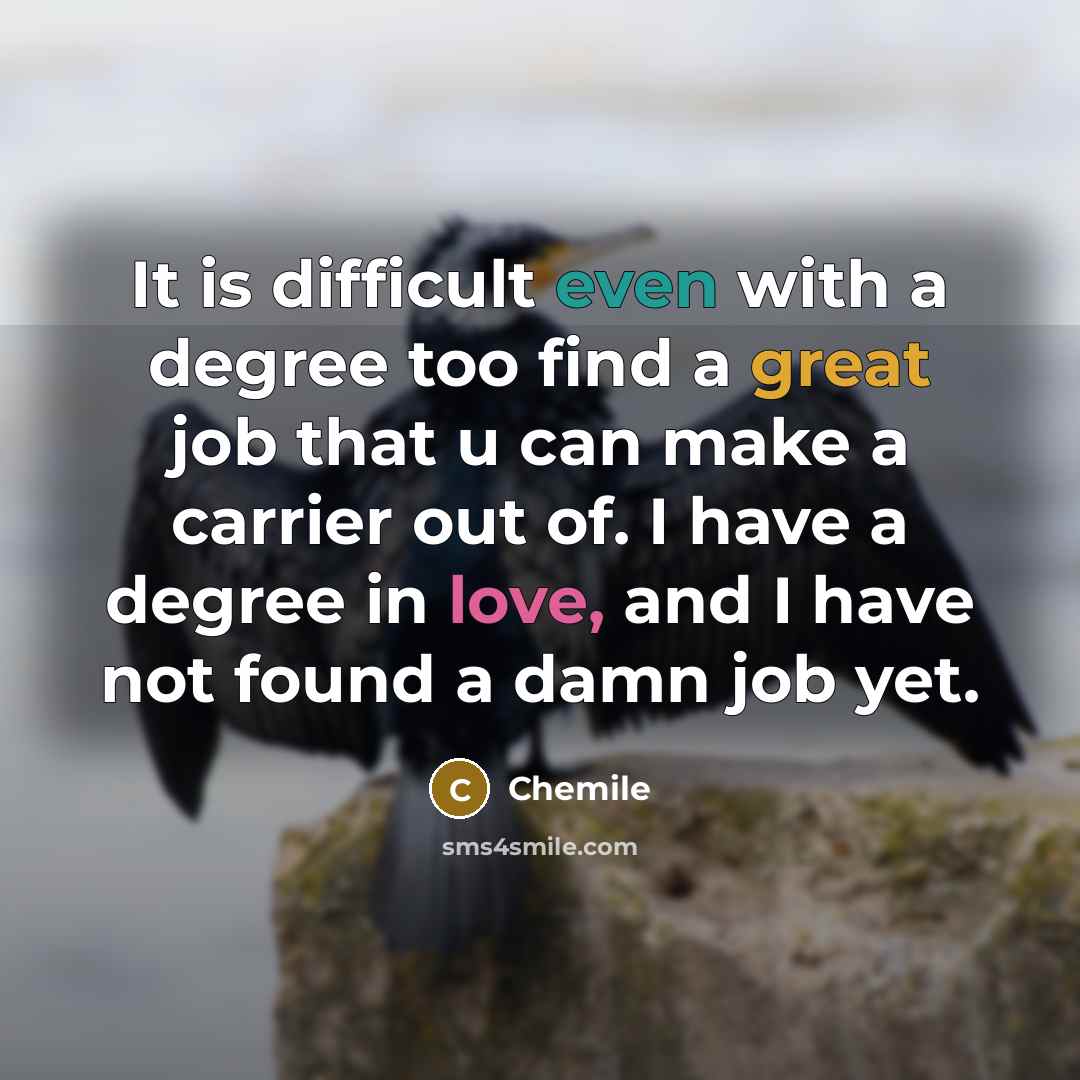 “It is difficult even with a degree too find a great job that u can make a carrier out of. I have a degree in love, and I have not found a damn job yet.” quote by Chemile
