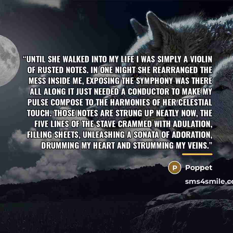 “Until she walked into my life I was simply a violin of rusted notes. In one night she rearranged the mess inside me, exposing the symphony was there all along it just needed a conductor to make my pulse compose to the harmonies of her celestial touch. Those notes are strung up neatly now, the five…” quote by Poppet