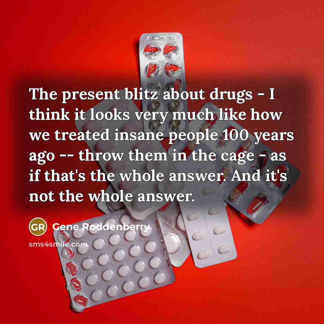 “The present blitz about drugs - I think it looks very much like how we treated insane people 100 years ago -- throw them in the cage - as if that's the whole answer. And it's not the whole answer.” quote by Gene Roddenberry