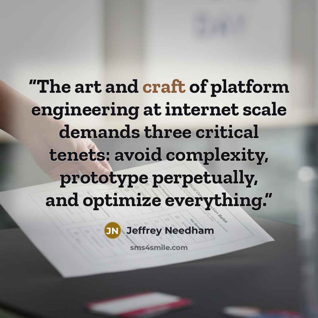 “The art and craft of platform engineering at internet scale demands three critical tenets: avoid complexity, prototype perpetually, and optimize everything.” quote by Jeffrey Needham