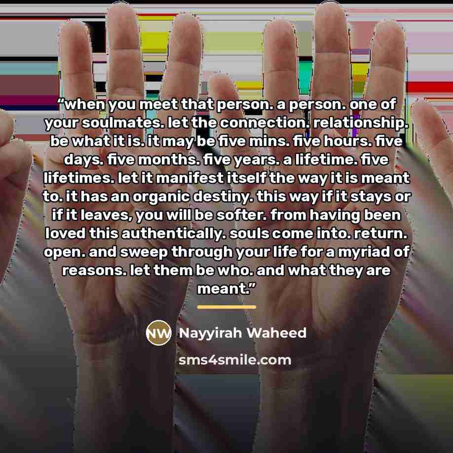 “when you meet that person. a person. one of your soulmates. let the connection. relationship. be what it is. it may be five mins. five hours. five days. five months. five years. a lifetime. five lifetimes. let it manifest itself the way it is meant to. it has an organic destiny. this way if it…” quote by Nayyirah Waheed