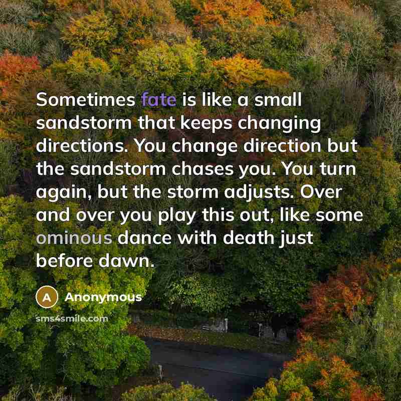 “Sometimes fate is like a small sandstorm that keeps changing directions. You change direction but the sandstorm chases you. You turn again, but the storm adjusts. Over and over you play this out, like some ominous dance with death just before dawn.” quote by Anonymous