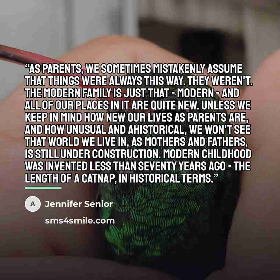 “As parents, we sometimes mistakenly assume that things were always this way. They weren't. The modern family is just that - modern - and all of our places in it are quite new. Unless we keep in mind how new our lives as parents are, and how unusual and ahistorical, we won't see that world we live…” quote by Jennifer Senior