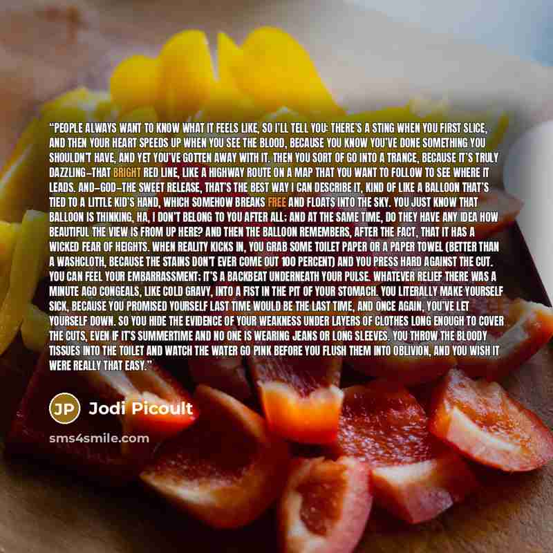 “People always want to know what it feels like, so I’ll tell you: there’s a sting when you first slice, and then your heart speeds up when you see the blood, because you know you’ve done something you shouldn’t have, and yet you’ve gotten away with it. Then you sort of go into a trance, because…” quote by Jodi Picoult