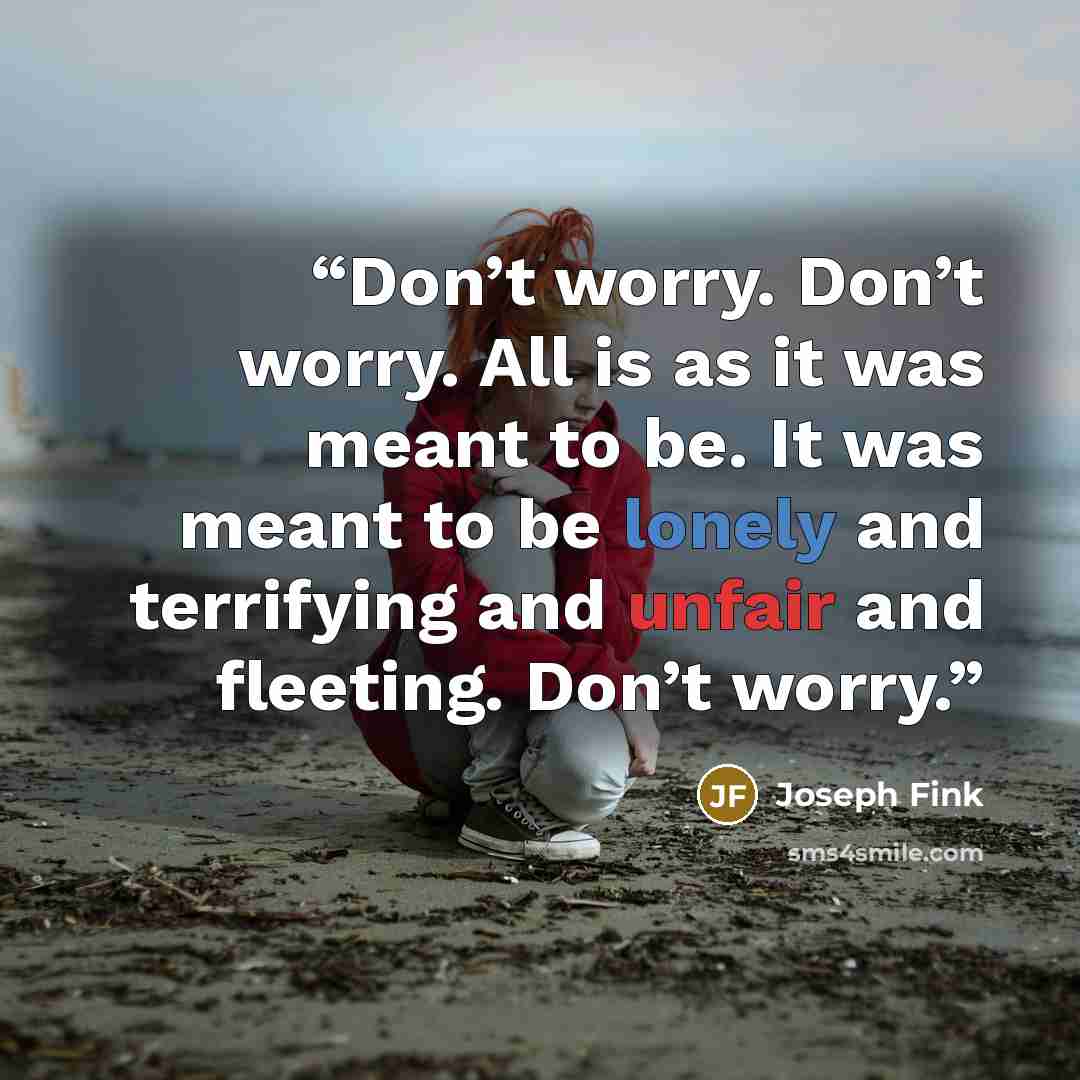“Don’t worry. Don’t worry. All is as it was meant to be. It was meant to be lonely and terrifying and unfair and fleeting. Don’t worry.” quote by Joseph Fink