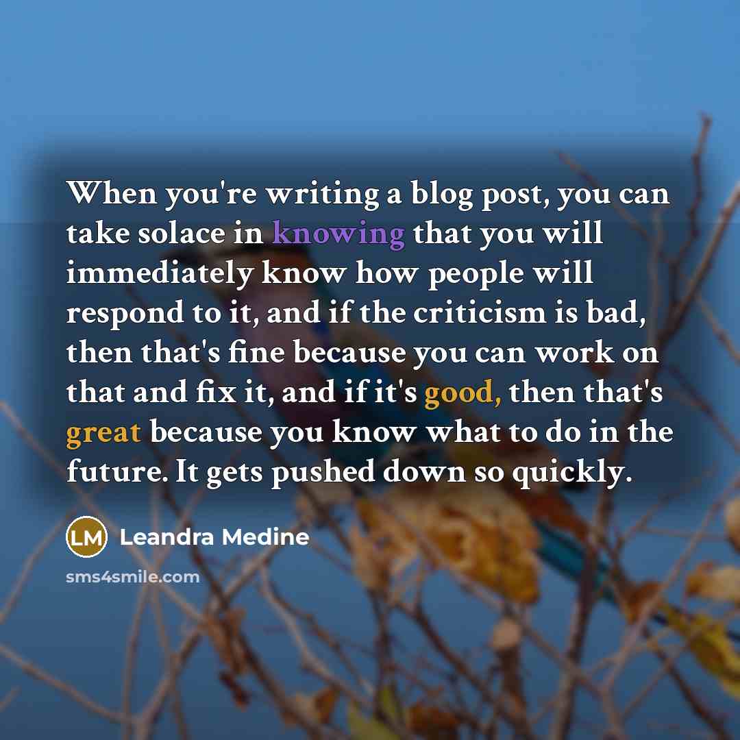 “When you're writing a blog post, you can take solace in knowing that you will immediately know how people will respond to it, and if the criticism is bad, then that's fine because you can work on that and fix it, and if it's good, then that's great because you know what to do in the future. It…” quote by Leandra Medine