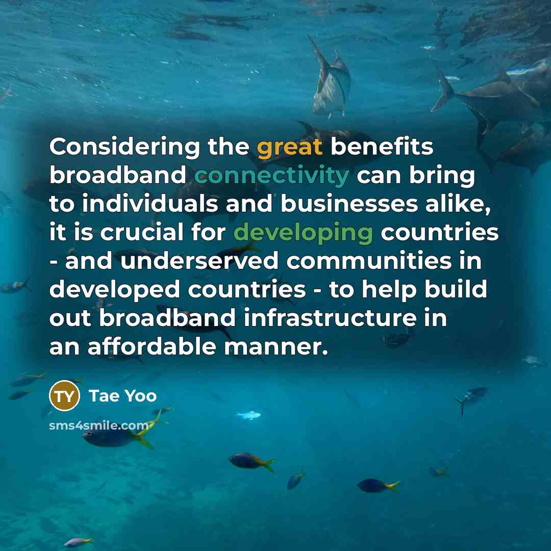 “Considering the great benefits broadband connectivity can bring to individuals and businesses alike, it is crucial for developing countries - and underserved communities in developed countries - to help build out broadband infrastructure in an affordable manner.” quote by Tae Yoo