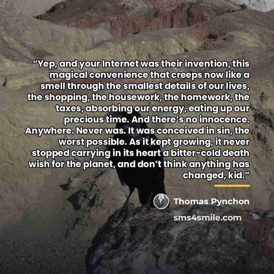 “Yep, and your Internet was their invention, this magical convenience that creeps now like a smell through the smallest details of our lives, the shopping, the housework, the homework, the taxes, absorbing our energy, eating up our precious time. And there’s no innocence. Anywhere. Never was. It…” quote by Thomas Pynchon