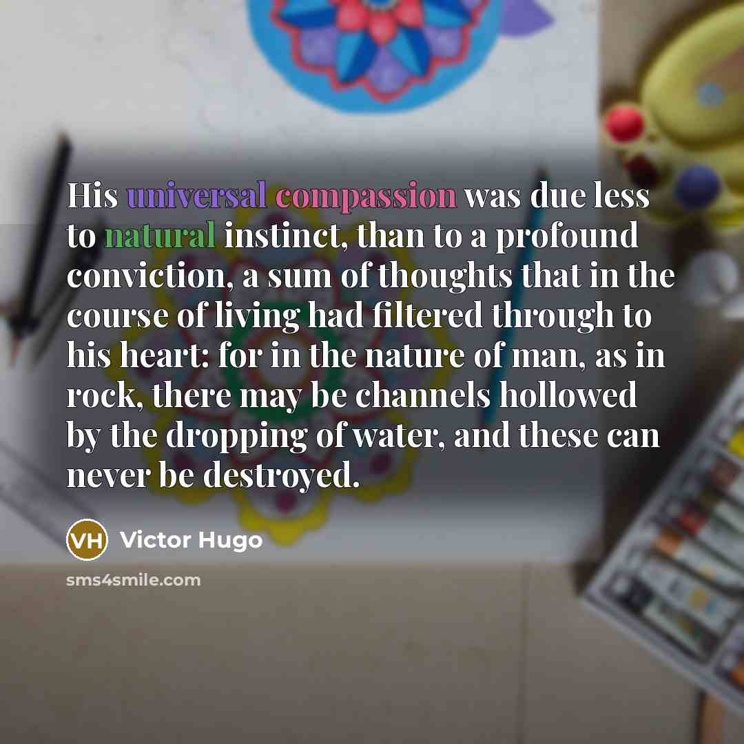 “His universal compassion was due less to natural instinct, than to a profound conviction, a sum of thoughts that in the course of living had filtered through to his heart: for in the nature of man, as in rock, there may be channels hollowed by the dropping of water, and these can never be destroyed.” quote by Victor Hugo