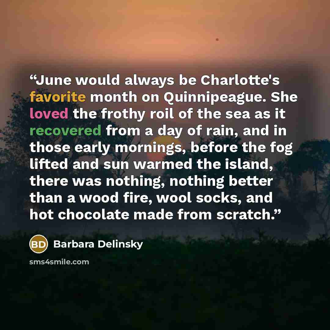 “June would always be Charlotte's favorite month on Quinnipeague. She loved the frothy roil of the sea as it recovered from a day of rain, and in those early mornings, before the fog lifted and sun warmed the island, there was nothing, nothing better than a wood fire, wool socks, and hot chocolate…” quote by Barbara Delinsky