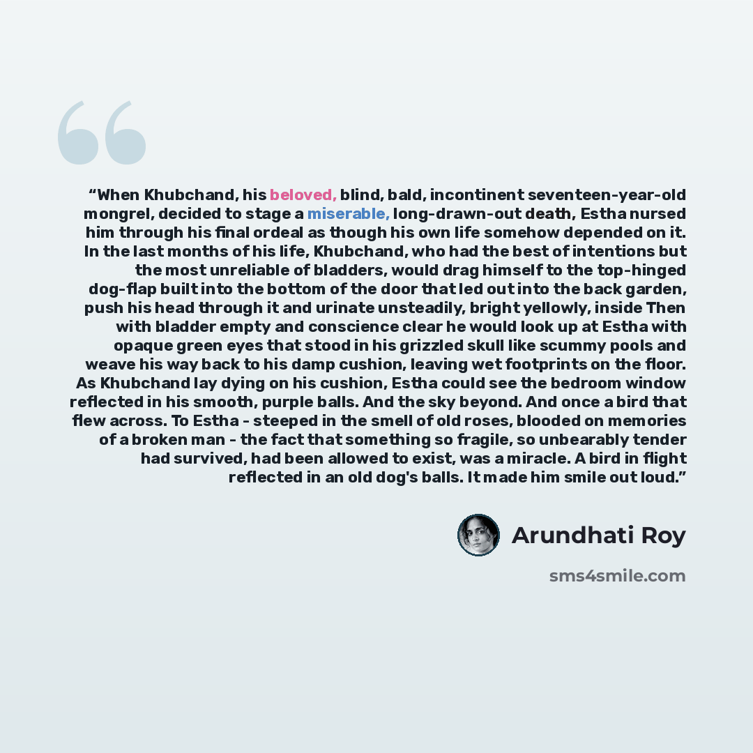 “When Khubchand, his beloved, blind, bald, incontinent seventeen-year-old mongrel, decided to stage a miserable, long-drawn-out death, Estha nursed him through his final ordeal as though his own life somehow depended on it. In the last months of his life, Khubchand, who had the best of intentions…” quote by Arundhati Roy