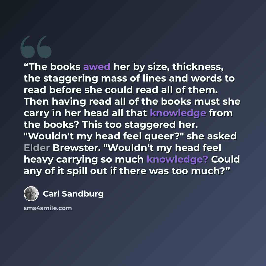 “The books awed her by size, thickness, the staggering mass of lines and words to read before she could read all of them. Then having read all of the books must she carry in her head all that knowledge from the books? This too staggered her. "Wouldn't my head feel queer?" she asked Elder Brewster…” quote by Carl Sandburg