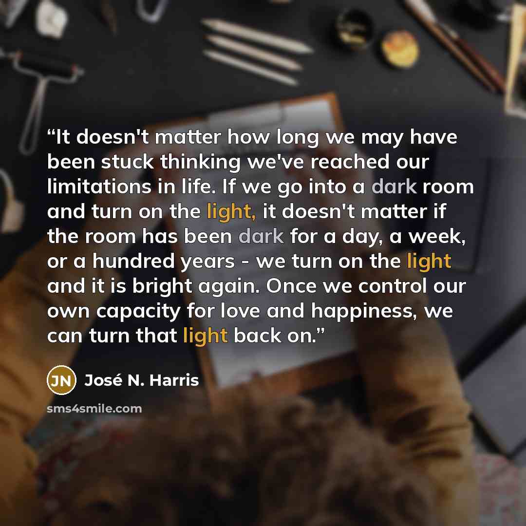 “It doesn't matter how long we may have been stuck thinking we've reached our limitations in life. If we go into a dark room and turn on the light, it doesn't matter if the room has been dark for a day, a week, or a hundred years - we turn on the light and it is bright again. Once we control our…” quote by José N. Harris