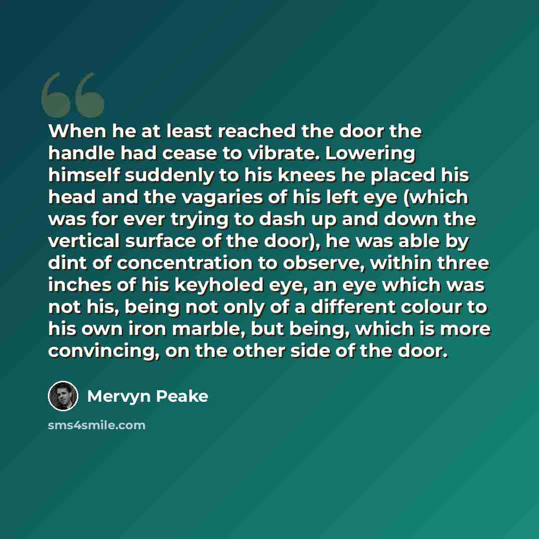 “When he at least reached the door the handle had cease to vibrate. Lowering himself suddenly to his knees he placed his head and the vagaries of his left eye (which was for ever trying to dash up and down the vertical surface of the door), he was able by dint of concentration to observe, within…” quote by Mervyn Peake