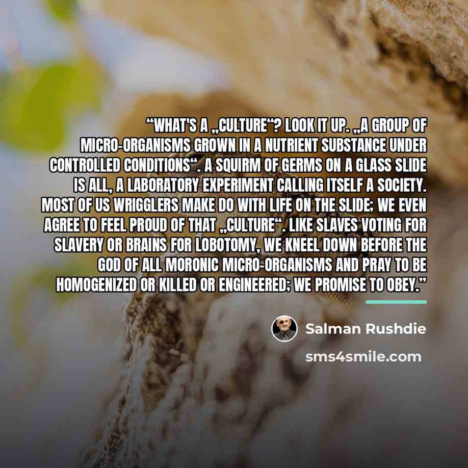 “What's a „culture“? Look it up. „A group of micro-organisms grown in a nutrient substance under controlled conditions“. A squirm of germs on a glass slide is all, a laboratory experiment calling itself a society. Most of us wrigglers make do with life on the slide; we even agree to feel proud of…” quote by Salman Rushdie