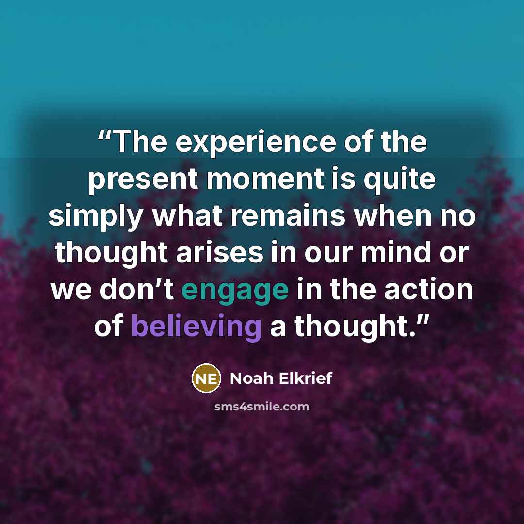 “The experience of the present moment is quite simply what remains when no thought arises in our mind or we don’t engage in the action of believing a thought.” quote by Noah Elkrief