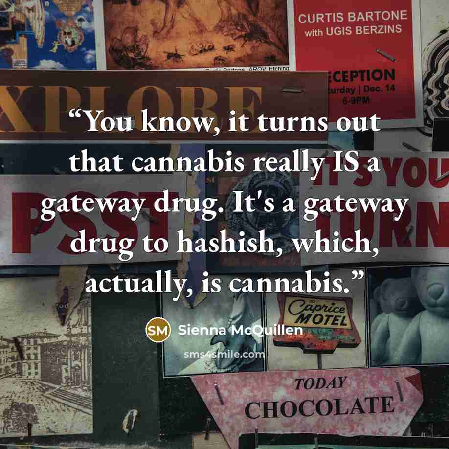 “You know, it turns out that cannabis really IS a gateway drug. It's a gateway drug to hashish, which, actually, is cannabis.” quote by Sienna McQuillen