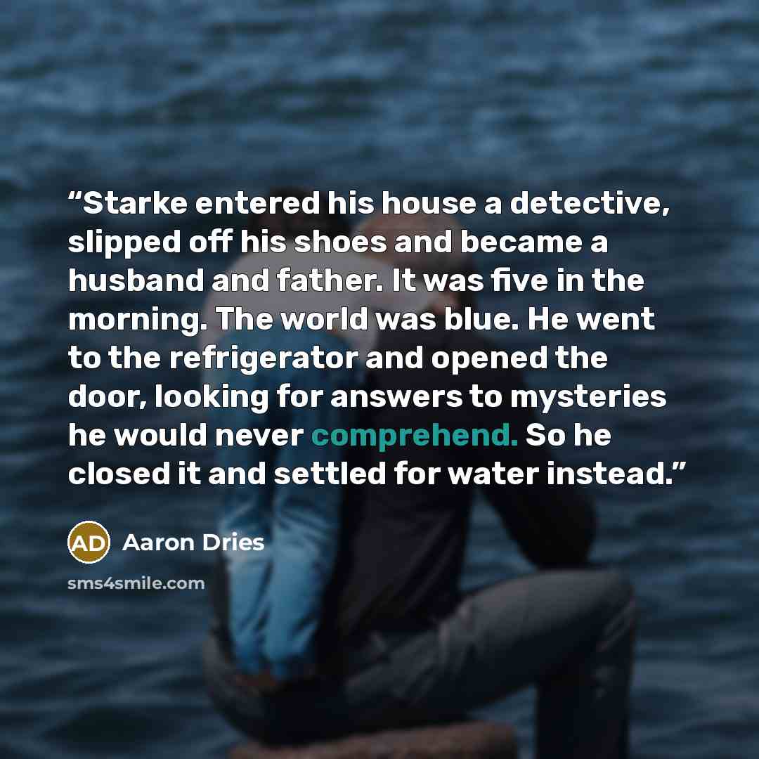 “Starke entered his house a detective, slipped off his shoes and became a husband and father. It was five in the morning. The world was blue. He went to the refrigerator and opened the door, looking for answers to mysteries he would never comprehend. So he closed it and settled for water instead.” quote by Aaron Dries