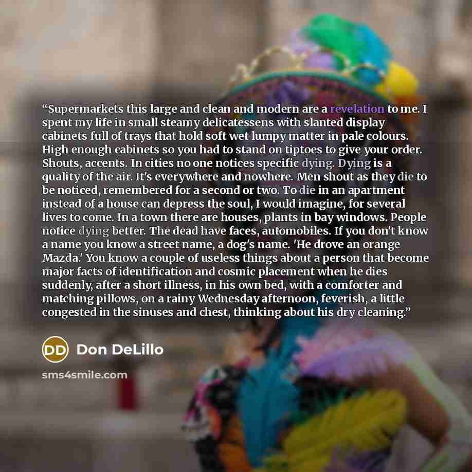 “Supermarkets this large and clean and modern are a revelation to me. I spent my life in small steamy delicatessens with slanted display cabinets full of trays that hold soft wet lumpy matter in pale colours. High enough cabinets so you had to stand on tiptoes to give your order. Shouts, accents…” quote by Don DeLillo