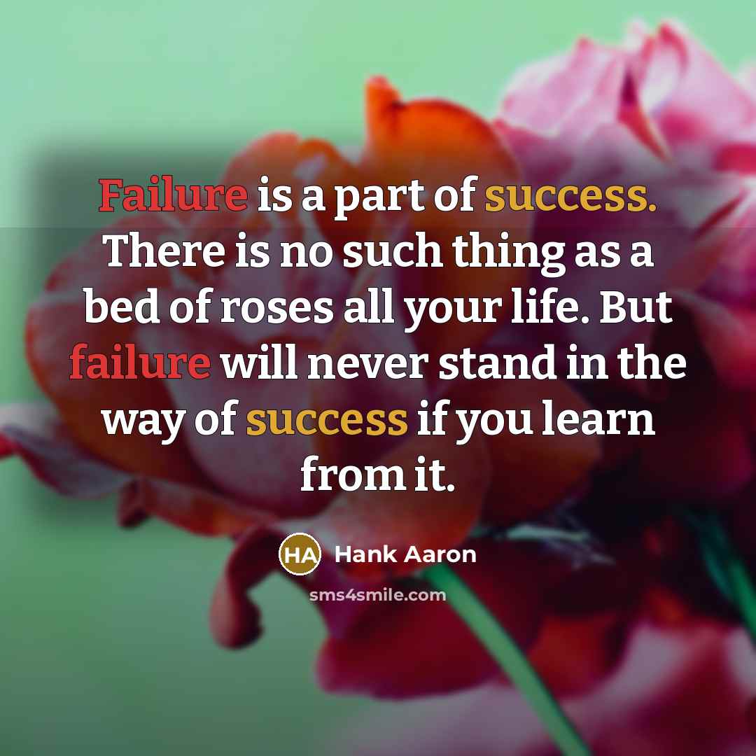 “Failure is a part of success. There is no such thing as a bed of roses all your life. But failure will never stand in the way of success if you learn from it.” quote by Hank Aaron