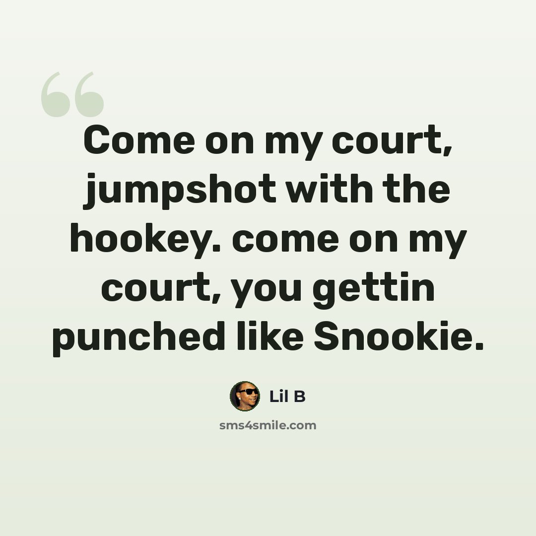 “Come on my court, jumpshot with the hookey. come on my court, you gettin punched like Snookie.” quote by Lil B
