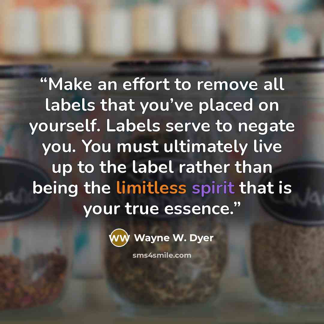 “Make an effort to remove all labels that you’ve placed on yourself. Labels serve to negate you. You must ultimately live up to the label rather than being the limitless spirit that is your true essence.” quote by Wayne W. Dyer