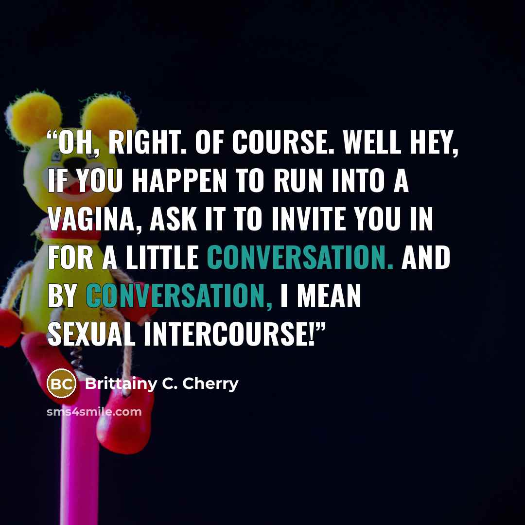 “Oh, right. Of course. Well hey, if you happen to run into a vagina, ask it to invite you in for a little conversation. And by conversation, I mean sexual intercourse!” quote by Brittainy C. Cherry